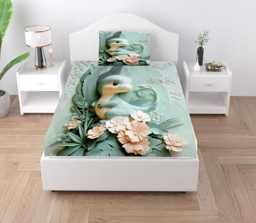Image of Digital Printed Heavy Quality Glace Cotton 7D Bedsheet for Single Bed, 60 inch x 90 inch Flat Bedsheet with 1 Matching Pillow Cover for Kids, 300 TC (Dinosaur)