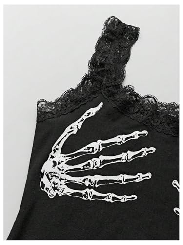 SweatyRocks Women's Skeleton Print Goth Tank Tops Lace Sleeveless Slim Fit Rave Knit Tops3