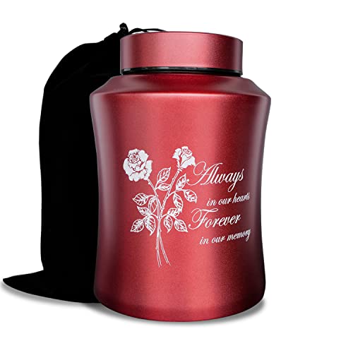 Image of Large Red Metal Cremation Urns for Human Ashes, for Adult Female | 160 lbs Capacity, Sealing Well & Durable & Waterproof, Stainless Steel, Funeral Women Ash Keepsake, Including a Velvet Bag
