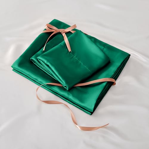 BEDELITE Satin Fitted Sheet and Pillowcase Set, Luxury Soft Similar to Silk Bottom Bedsheet with Elastic Corner Straps, Deep Pocket up to 15 Inch, 1 Fitted Sheet and 1 Pillowcase(Twin XL, Dark Green)