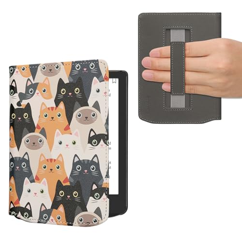 kwmobile Klapphülle kompatibel mit Pocketbook Verse/Verse Pro/Verse Color/Vivlio Light/Light HD Hülle - Flipcase für den eReader mit Handschlaufe - Katzen Orange Schwarz Weiß