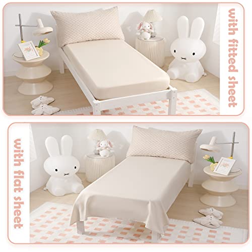 Cozyholy 4 Pieces Boho Tufted Toddler Bedding Set For Girls Boys Beige Soft Jacquard Embroidery Bed Sheets Set Comforter Set For Baby Kids | Include Comforter, Flat Sheet, Fitted Sheet, Pillowcase #TOP2