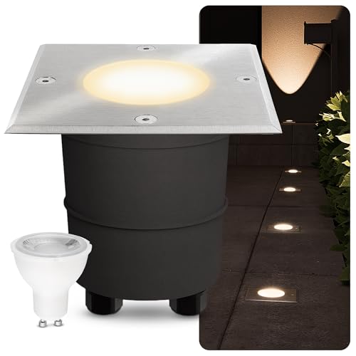 SSC-LUXon Madon Spot LED encastrable au sol extérieur carré IP67 – Spot de sol praticable et résistant au piétinement avec ampoule LED GU10 3 W blanc...