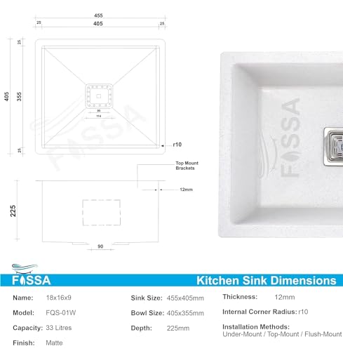 Image of Fossa 18 inchx16 inchx09 inch Quartz Single Bowl Kitchen Sink | White Non-fading Colour with UV Protection | Natural Stone Quartz /Granite Sink with Sink Coupling, Waste Pipe & Strainer Basket