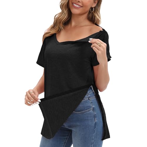 Post Shoulder Surgery Shirts for Women Tear Away V Neck Dual Access Snap Chemo Port Shirts Short Sleeve Adaptive Clothing