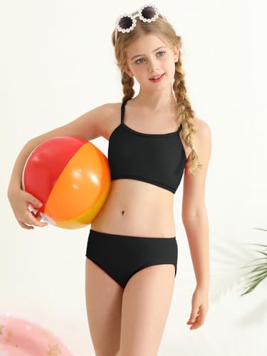 Girl's 2 Piece Swimsuit Solid Spaghetti Strap Bikini Sets Beach Bathing Suit Swimwear for Teen Kids3