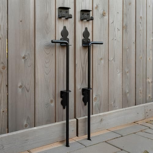 Image of 2 Pack 18 inch Heavy Duty Cane Bolt Gate Drop Rod Stopper Hardware,Wrought Iron Gate Ground Latches for Wood Metal Vinyl Fences Double Doors,Drop Pin Lock for Holding Gates to The Ground, Black Finish
