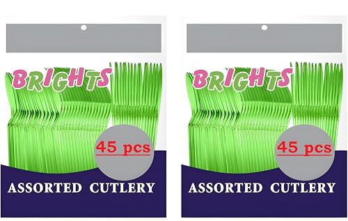 Heavy Duty Lime Green Plastic Cutlery Set 90 Pieces Total (2 Packs of 45) Includes 15 Forks 15 Spoons 15 Knives per Pack Durable Party Utensils for Events Catering and Everyday Use