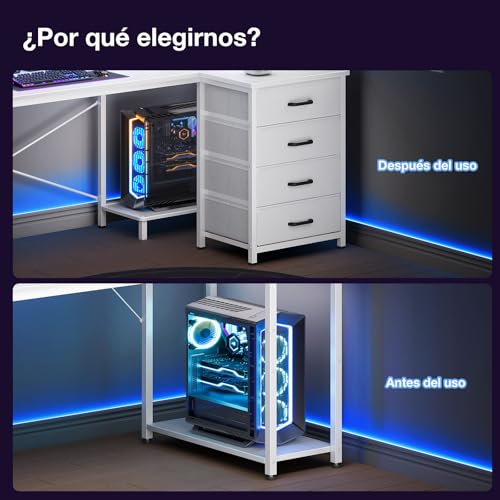 Miniatura 7 de Odk Escritorio Esquinero Reversible, 160x80x84.7cm Escritorio Gaming En L Con Led, Mesa En L Con 4 Cajón, Mesa De Ordenador Con Puerto De Carga Usb Y Toma De Corriente Para Hogar, Blanco