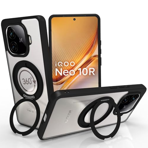 Image of RIGGEAR Shockproof Sleek Hybrid Armor 360 Rotating Magnetic Ring Stand Back Cover Case Compatible with MagSafe Accessories for iQOO Neo 10r 5G (Clear PC + Black TPU Bumper)