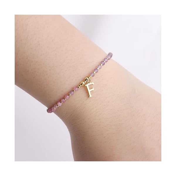 Gold Beaded Natural Stone Initial Bracelets for Women, Boho Handmade Lilac Personalized Gemstone Beads Letter Name Adjustable Bracelet Summer Jewelry Gift - Image 3