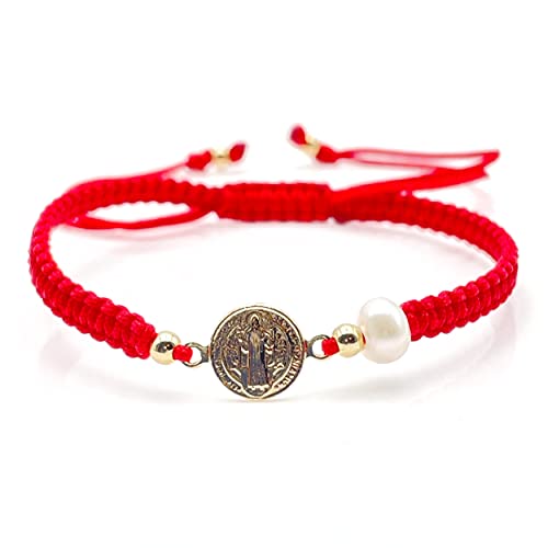 Divine Bracelet featuring St. Benedict Medal and Mother of Pearl Red Nylon Woven Adjustable fit for Women2