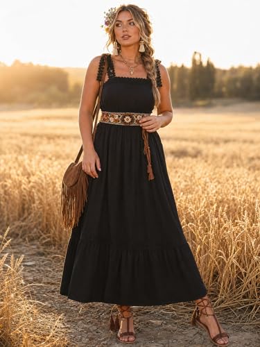 Image of Opemiby Womens Maxi Dress Spring Summer Sleeveless Lace Strap Empire Waist A Line Side Pockets Beach Casual Long Dresses