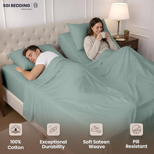 Image of SGI Split King Sheet Set for Adjustable Bed Egyptian Premium Cotton 600 Thread Count Sheets for Sleep Number Bed 15 inch Deep Pocket 5 Pc Set with 2 Twin XL Fitted Sheets Soft Breathable -Aqua Green