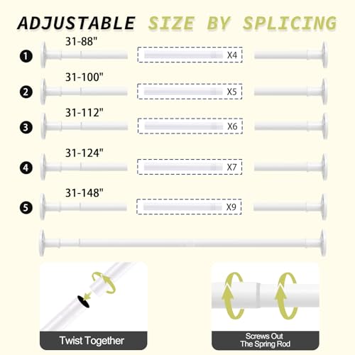 Image of Shower Curtain Rod 31-100 In Adjustable Pole Heavy Duty White Tension Rods Spring Drilling and No Drilling Shower Rod for Bathroom Window Anti-Slip Never Rust