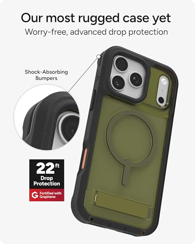 Image of ZAGG Rainier Case with Kickstand for iPhone 17 Pro Max - Green Sea Kelp, Graphene 22ft (7m) Drop Protection, Lanyard Attach Points, MagSafe, Wireless Charging Compatible, 2-Piece Design, Phone Case