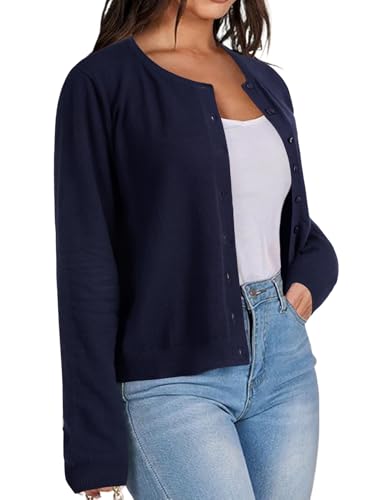 Image of LYANER Women's Striped Cardigan Crew Neck Button Down Open Front Long Sleeve Knit Cardigans Sweater