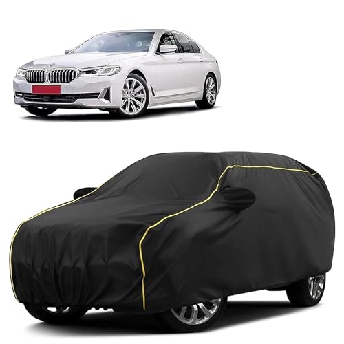 Image of Sulfar 100% Water Resistant Car Body Cover Compatible with Mirror for BMW 5 Series (Triple Stitched, Full Bottom Elastic, Black Taffeta with Yellow Piping)