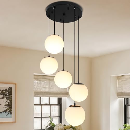 Image of Globe Cluster Chandelier 5-Light, Black Modern Cluster Chandelier with Milk White Glass, Adjustable Globe Staircase Pendant Light for Kitchen Island Dining Room