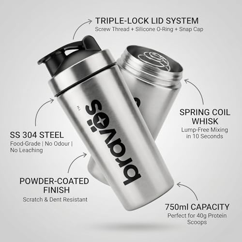 Image of Bravos Stainless Steel Protein Shaker | Leakproof, Easy Clean Cap, 750 ML | 304 BPA Free | Gym Bottle