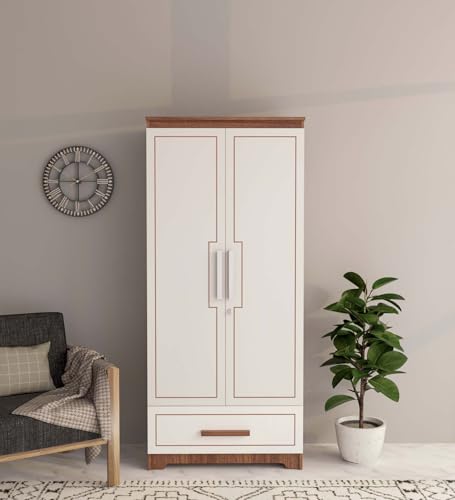 Image of COUCH CULTURE Amber Engineered Wood 2 Door Wardrobe with Drawer | Almirah | Wardrobe with Hanging Rode and Lock | Storage Organizer | Multipurpose Almirah | 1 Year Warranty - White & Leon Teak