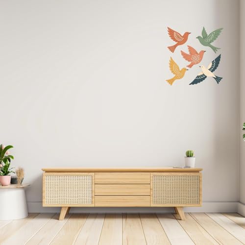 Image of GiftOday Wooden 3D Birds Wall Art Panel - Set of 5 | Handcrafted Wood Bird Folk Art Hanging for Living Room, Bedroom, Dining & Office Wall Decoration (Pack of 1)