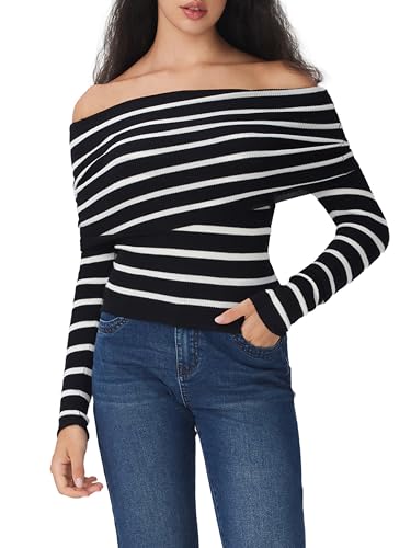 CIDER Striped Off The Shoulder Long Sleeve Knit Sweaters Going Out Fall Tops4