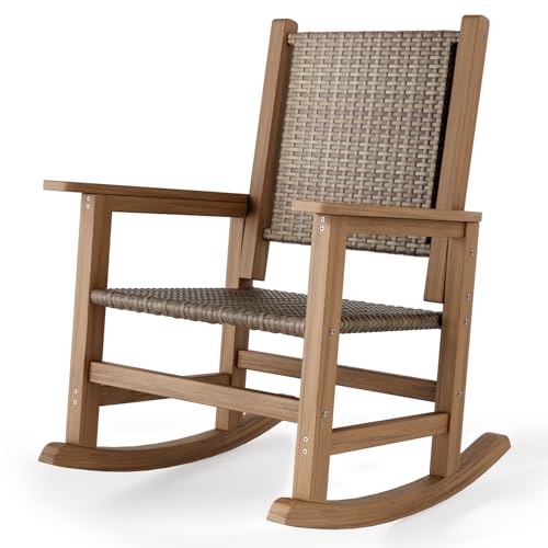 RICNOD HDPE Rocking Chair Outdoor 1 PCS Wicker Rocking Chair for Patio Woven Seat & Back All Weather Rocking Chair for Front Porch Garden Lawn and Balcony (Brown)