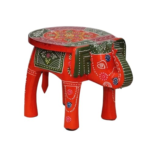 Image of Hand-Crafted and Emboss Colorful Painted Wooden Elephant Round Shape Stool for Home /Office /Living or Bedroom Decor,Decorative Showpiece (8 Inches Height, Orange)
