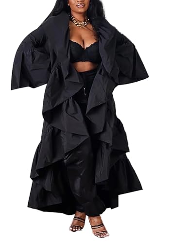Vakkest Women's Open Front Ruffle Maxi Cardigan Long Sleeve Irregular Hem Asymmetrical Casual Dress Trench Coat Cape