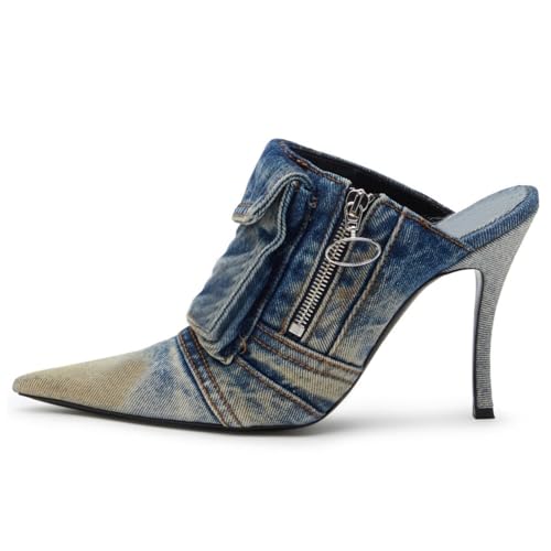 Denim Heeled Mules for Women Pointed Toe Slingback Pumps Slip-on Stiletto High Heel Jeans Mules Slides Fashion Casual Backless Dress Shoes