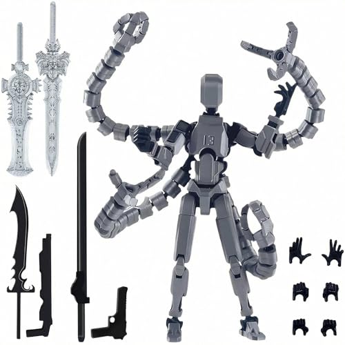 Figura de acción T13, maniquí impreso en 3D 13 con múltiples articulaciones móviles, figuras de acción totalmente montadas con accesorios intercambiables para exhibir y jugar (negro/blanco y plateado