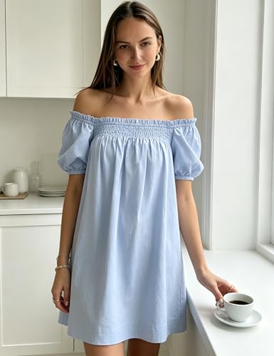 Image of Huaqiao Womens Summer Mini Dress 2026 A-Line Square Neck Puff Sleeve Beach Sundress Casual Short Dress with Pockets