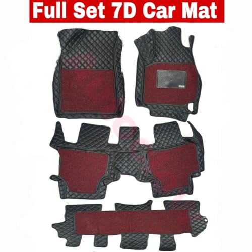 Image of Autoclow /Premium 7D Car Mat for Ford Endeavour (Model:2016-2026) || Luxury Leather Dual-Stitch 7D Car Floor Mat Full Set || 100% Waterproof || Color : Black Stitch-RED Grass (Design-1)