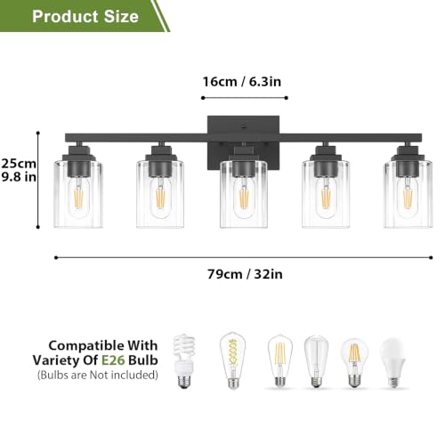 Image of Matte Black Bathroom Light Fixtures, 5-Light Vanity Lights over mirror
