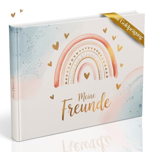 Freundebuch für die Schule mit Regenbogen-Motiven | Erinnerungsbuch zum Ausfüllen mit Platz für 30 Freunde & 5 Wegbegleiter (z. B. Lehrer) | Beliebtes Geschenk für Mädchen im Grundschulalter