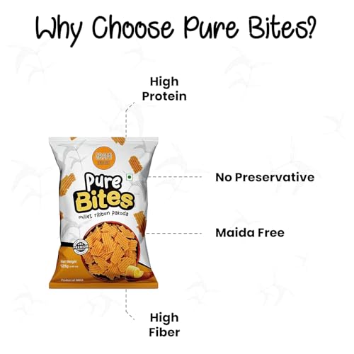 Image of Grami Superfoods Pure Bites Millet Ribbon Pakoda- 125g | Healthy Indian Snacks | Millet Snacks | No Maida | No Preservative | High Protein & Fiber Snack | Low GI | Healthy Namkeen for Kids & Adults |Weight Loss Namkeen |Sugar Free | Diabetic Friendly Namkeen