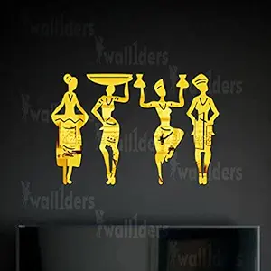 Wall1ders Tribal Women 4 Pcs Acrylic Mirror Stickers for Wall, Decorative Items Home Decoration for Bedroom, Living Room, Office, Study Room (Golden)