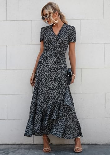 Image of PRETTYGARDEN Women's Summer Wrap Maxi Dress Casual Boho Floral V Neck Short Sleeve Ruffle Hem Split Beach Long Dresses
