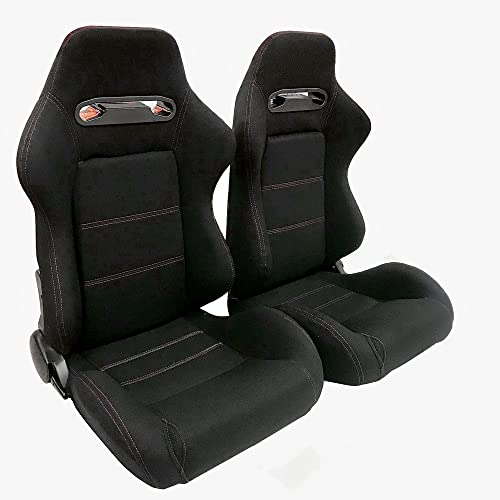 Motoos Reclinable Racing Seats Black Cloth With Red Stitch Sports Bucket Seats With Adjustable Sliders Left Right Driver And Passenger Side 1 Pair #TOP3