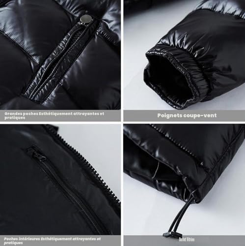 Doudounes Matelassées Brillantes For Hommes Doudounes À Capuche For Hommes Veste Bouffante À Fermeture Éclair Complète Veste Coupe-vent Résistante À L'eau Manteaux D'hiver Chauds De Couleur Unie – vue 9