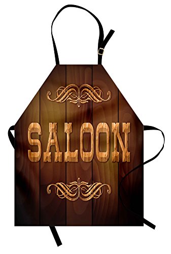 Lunarable Western Apron, Wooden Sign Saloon And Curly Ornaments On A Wood Wall Classic American Bar Print, Unisex Kitchen Bib With Adjustable Neck For Cooking Gardening, Adult Size, Caramel Brown #TOP26