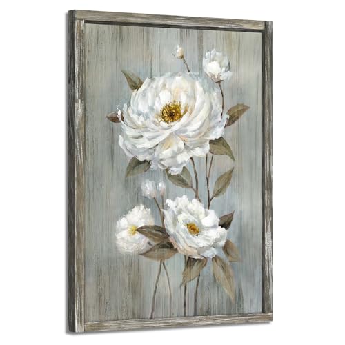 Modern Floral Framed Wall Art: Rustic White Flower Oil Painting Abstract Botanical Picture Vintage Blossom Wood Prints Artwork for Living Room Bedroom Farmhouse