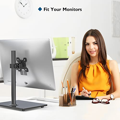 BONTEC Single Arm Monitor Stand for 13-32 Inch Screens, Freestanding Monitor Mount with Glass Base Up to 10 KG, Adjustable Motion Tilt ±75° Swivel ±80° Rotation 360°, VESA 75/100mm