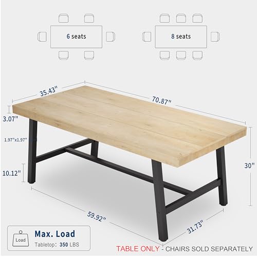 Image of GarveeHome Industrial Dining Table for 6-8 People, 70.87 inch Long Large Kitchen Table with Sturdy Metal Frame, Rectangular Counter for Dinner, Kitchen, Dining Room (Natural, 71 inch Non-extendable)