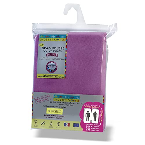Linge des Familles - Drap Housse Lit Electrique Extensible pour Matelas 2x70x190-2x80x200-2x90x200 - Coloris Lilas - 100% Coton Jersey Extensible - Certifié Oeko-TEX Standard 100