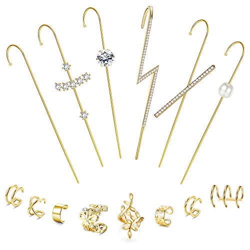 LOLIAS 14 Pcs Ear Wrap Gold-plated Crawler Hook Earrings Earcuffs Earrings for Women Girls Climber Piercing Ear Cartilage Cuff Earrings