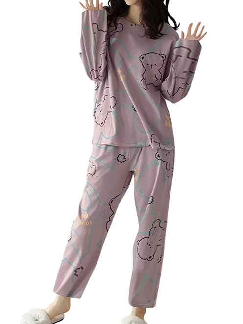 Image of Lunza Women's Cotton Blend Pajama Set, Short Sleeve T-Shirt and Shorts, Cute Bear Print Nightwear