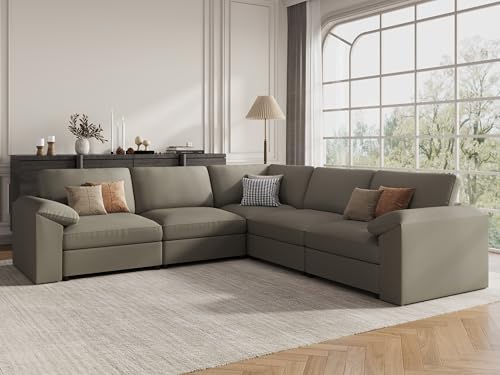 Image of EASE MOOSE Oversized Corner Modular Sectional Sofa, Faux Leather Sectional Sofa with Deep Seat, Scratch Resistant Faux Leather Material, Extra Large L Shaped Couch, Light Grey