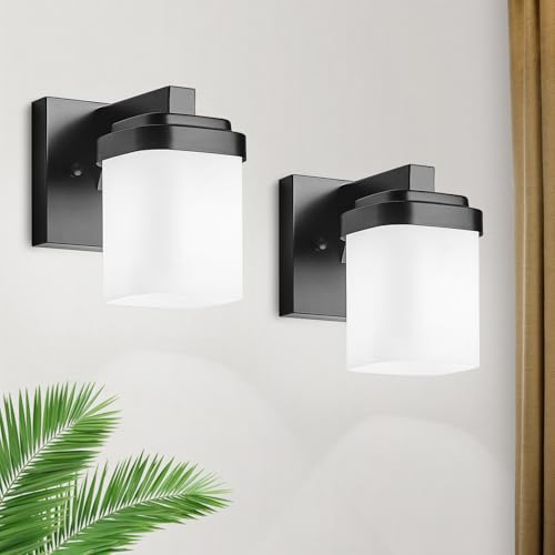 Image of 4.72 Inches Bathroom Vanity Lights, 1-Light Black Bathroom Llight Fixtures Over Mirror with Milky White Square Glass Shade, Modern Farmhouse Bathroom Wall Lamp, Wall Sconces Set of Two